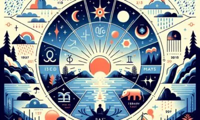 Weather and Zodiac Wheel. Graphic illustration of sun, moon, rain, and astrological symbols.