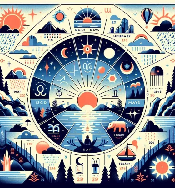 Weather and Zodiac Wheel. Graphic illustration of sun, moon, rain, and astrological symbols.