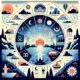 Weather and Zodiac Wheel. Graphic illustration of sun, moon, rain, and astrological symbols.