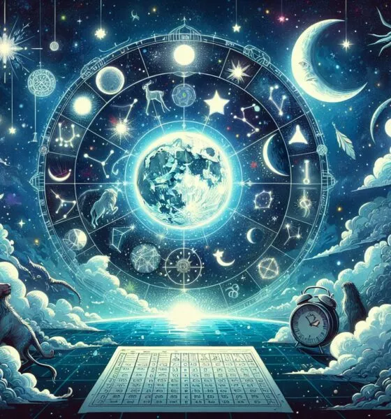 Intricate astrology chart with zodiac signs, moon phases, and constellations. Ocean and clock elements.