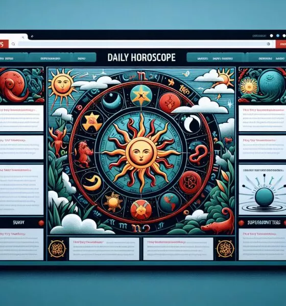 Daily Horoscope website. Astrology wheel with zodiac signs, sun, moon, and stars. Online horoscope reading.