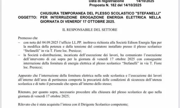 Scuola Stefanelli chiusa il 17 ottobre per blackout elettrico
