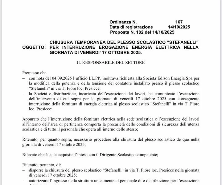 Scuola Stefanelli chiusa il 17 ottobre per blackout elettrico