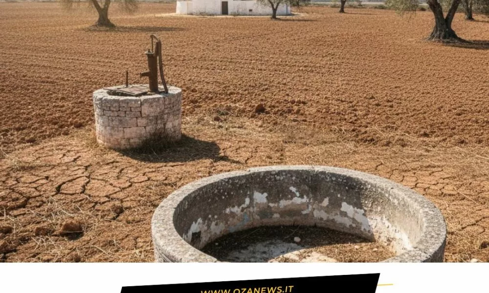 Dry Puglia landscape with cracked earth, wells, and trulli. Drought emergency in Puglia.
